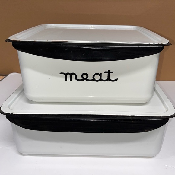 Lot 2 *Vintage* White Enamelware MEAT Pans with Lid Refrigerator Storage Crisper